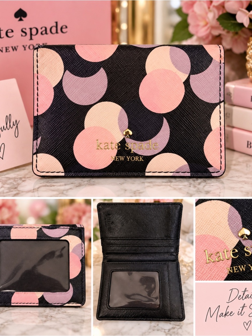 kate spade Black Card Case with Pink & Lavender Dot Print